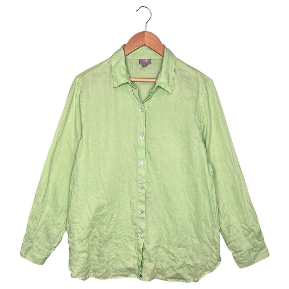 J Jill Top Womens Medium Green Linen Button Up Long Sleeve Beach Cottage Coastal